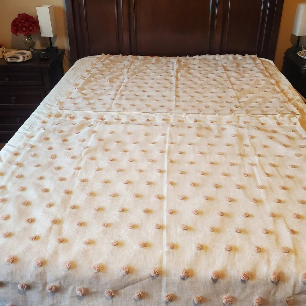 2 Piece Sheer White Valance Set with Blush Pink Tufted Pom Poms Rod Pocket